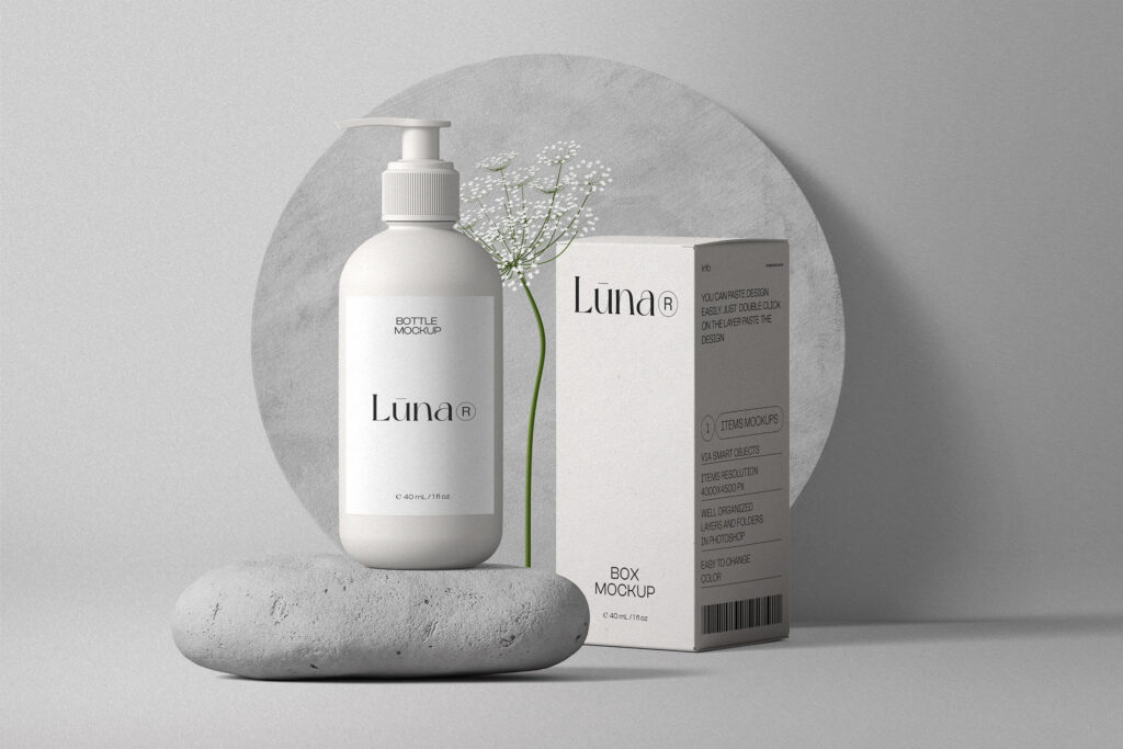 Front View Cosmetic Pump Bottle Mockup with Paper Box
