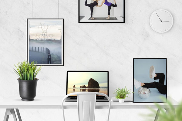 Front View Desk Scene Creator Mockup with Frames and Laptop