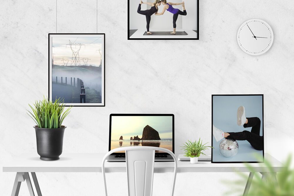 Front View Desk Scene Creator Mockup with Frames and Laptop