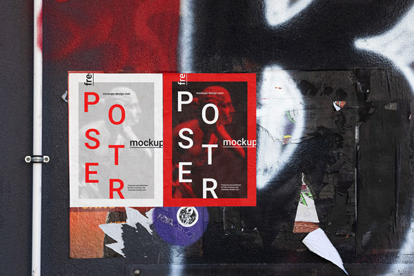 Front View Double Poster on Graffiti Wall Mockup
