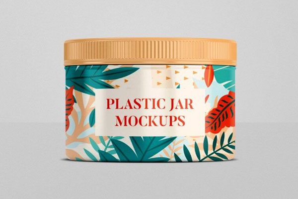Front View Flat Cosmetic Plastic Jar Mockup in Simple Setting