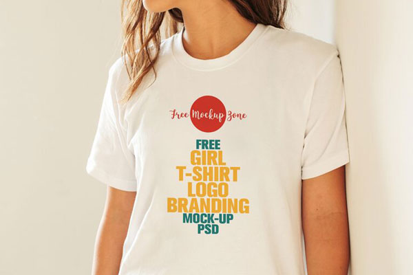 Front View Girl Wearing a Round Neck T-Shirt Mockup
