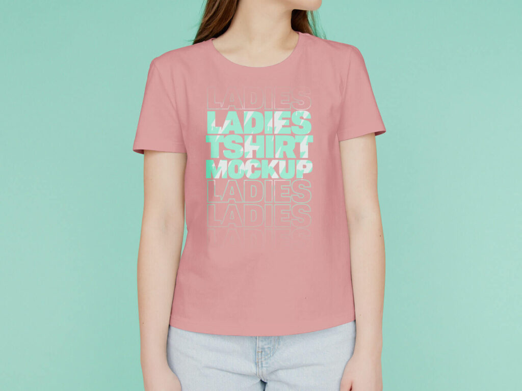 Front View Girl Wearing Round Neck T-shirt Mockup