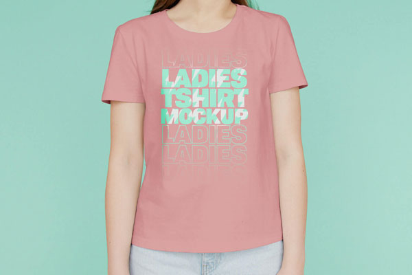 Front View Girl Wearing Round Neck T-shirt Mockup