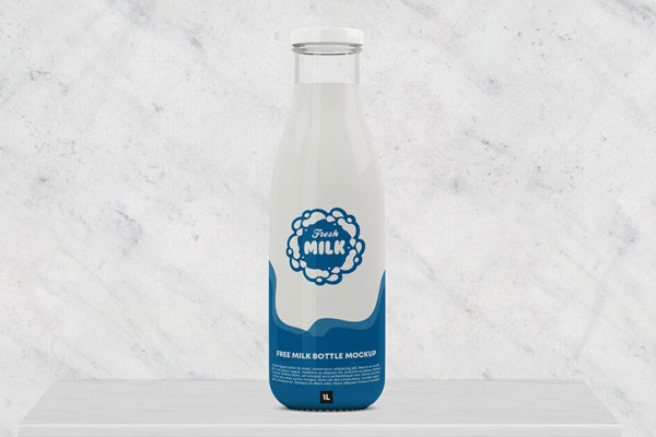 Front View Glass Milk Bottle Standing on Table Mockup