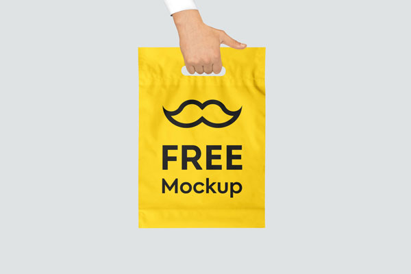 Front View Hand Holding Plastic Shopping Bag Mockup