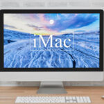 Front View iMac on Wooden Table Mockup