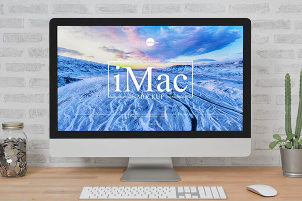 Front View iMac on Wooden Table Mockup