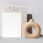 Front View Letter Flyer Leaning Against Marble Stone Mockup