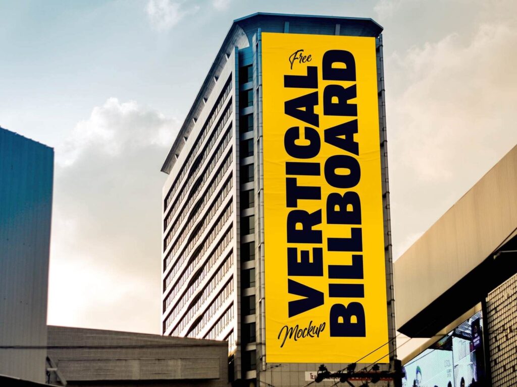 Front View Long Vertical Advertising Billboard on Building Mockup