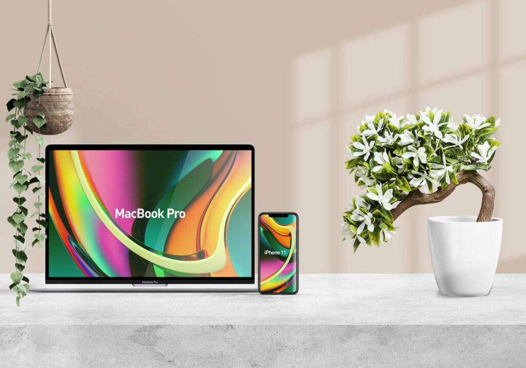 Front View MacBook Pro and iPhone 11 Mockup with Plants