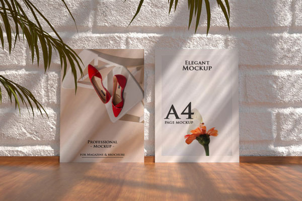 Front View Mockup of 2 A4 Flyers Standing Against Wall