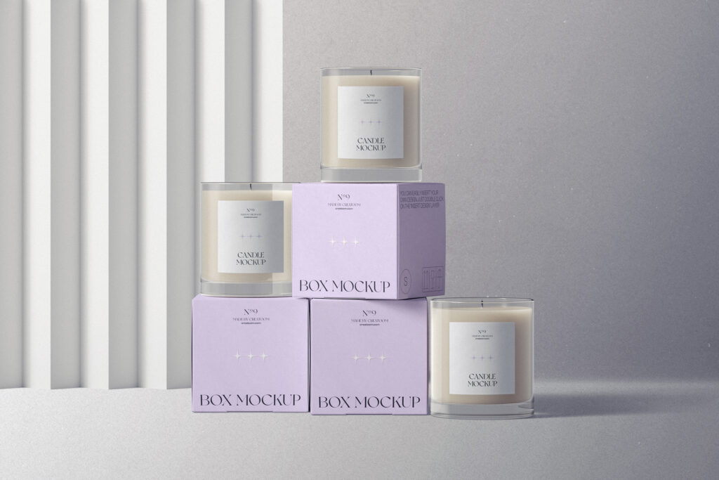 Front View Mockup of 3 Candle Glass Jars and Their Boxes