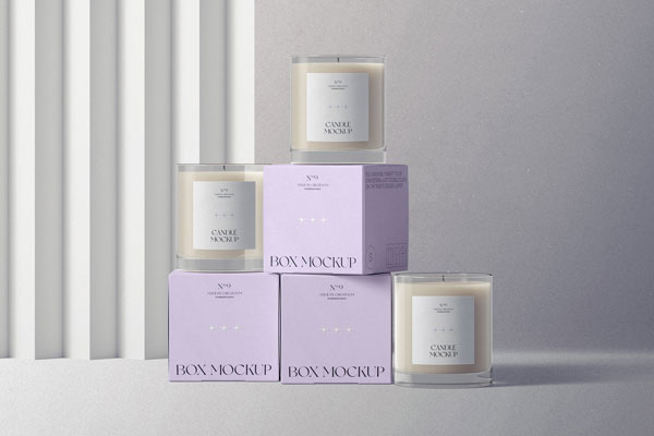 Front View Mockup of 3 Candle Glass Jars and Their Boxes