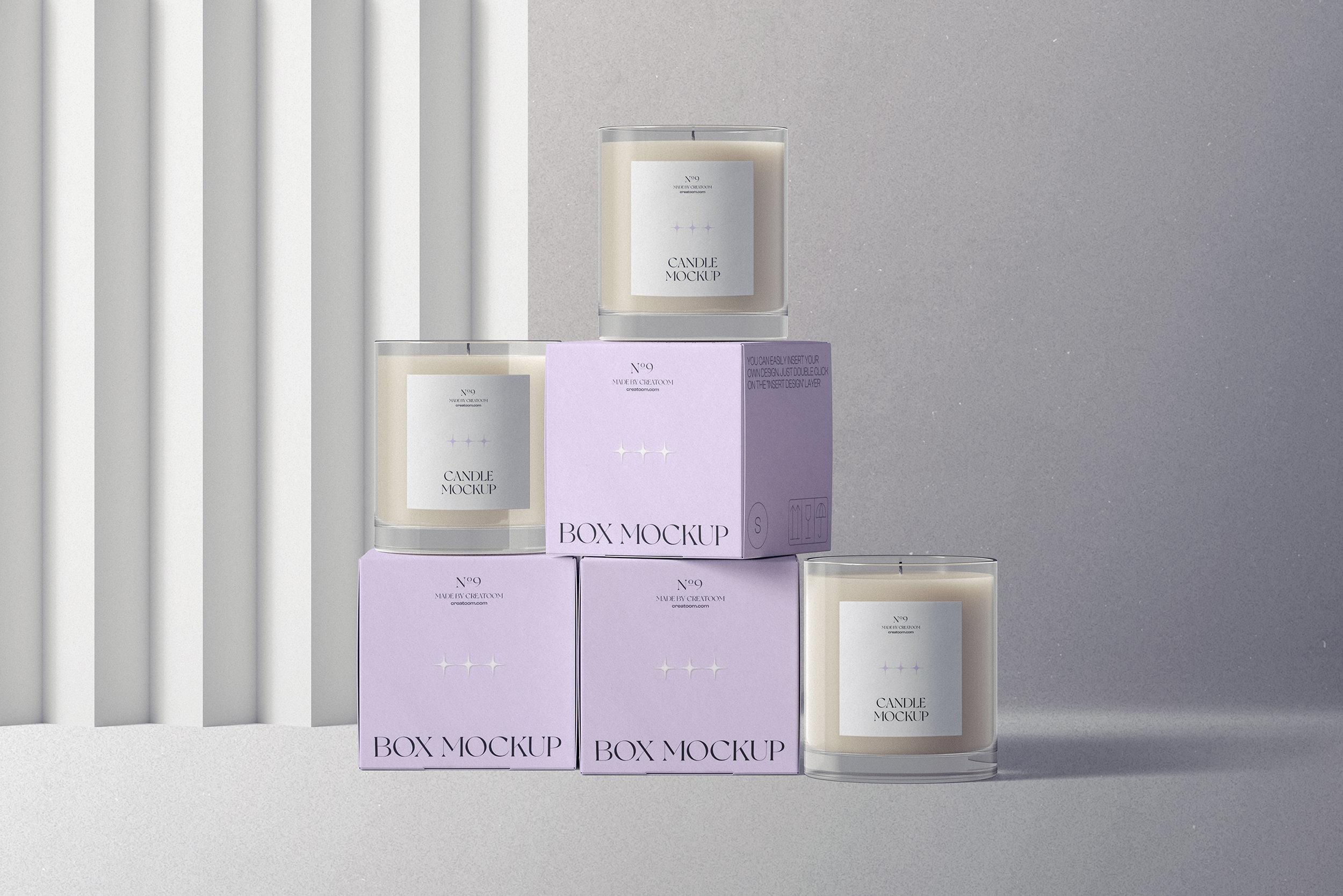 Front View Mockup of 3 Candle Glass Jars and Their Boxes FREE PSD
