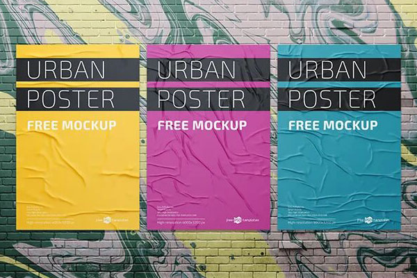 Front View Mockup of 3 Urban Posters on Brick Wall