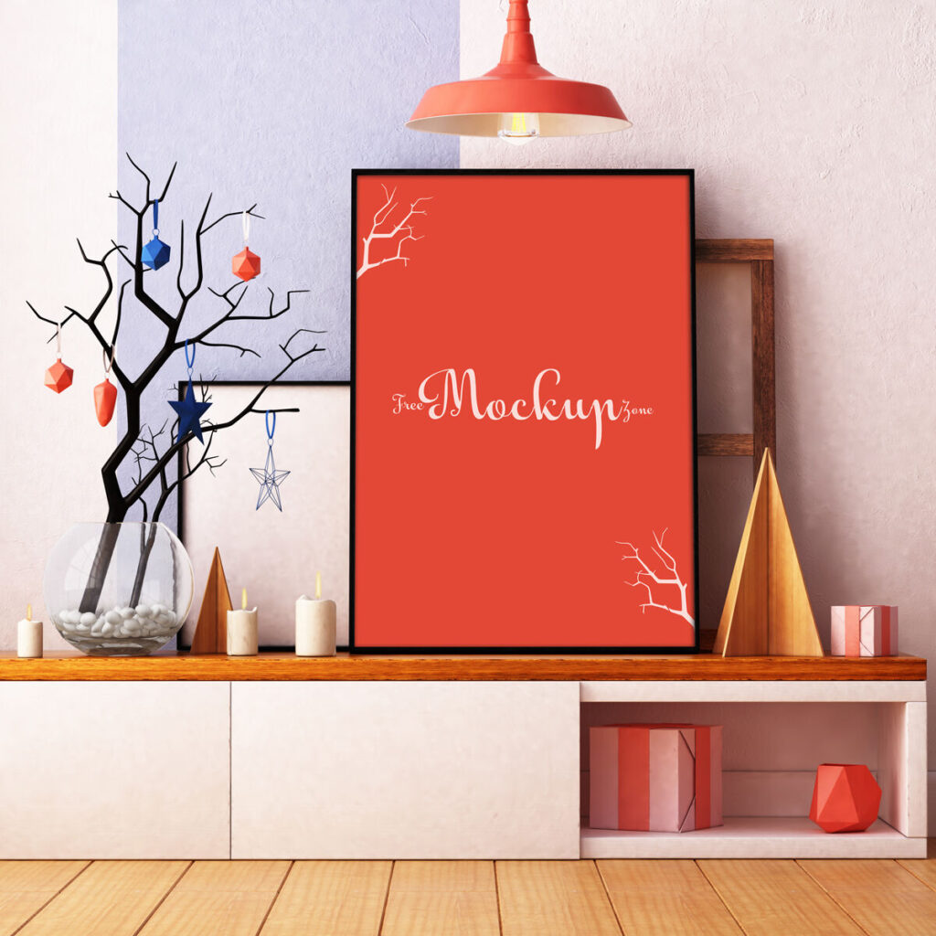Front-View Mockup of a Vertical, Interior Photo Frame in Living Room