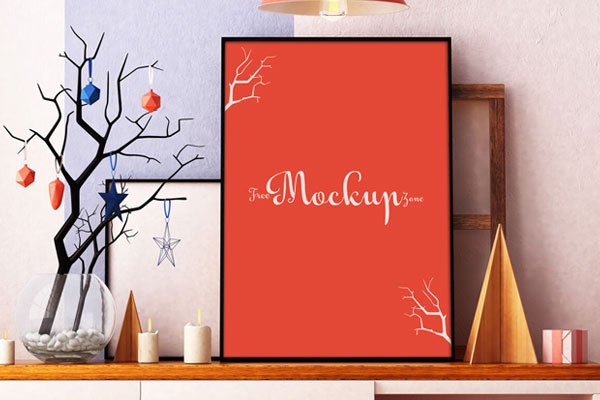 Front-View Mockup of a Vertical, Interior Photo Frame in Living Room