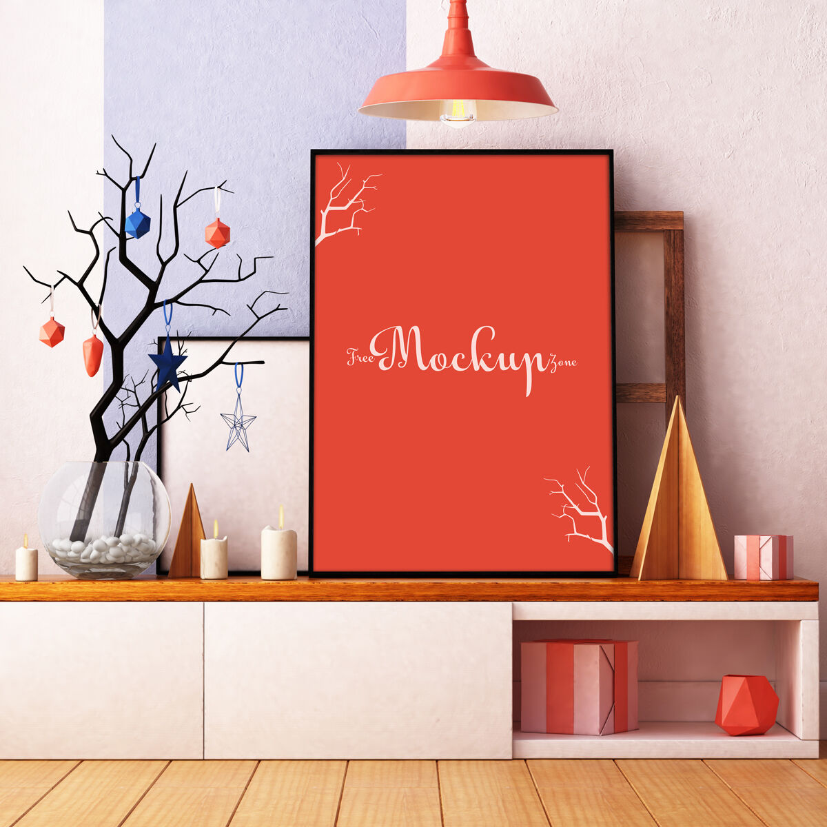 Front-View Mockup of a Vertical, Interior Photo Frame in Living Room FREE PSD