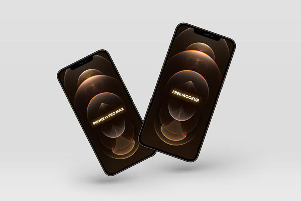 Front View of 2 Floating iPhone 12 Pro Max Gold Mockup