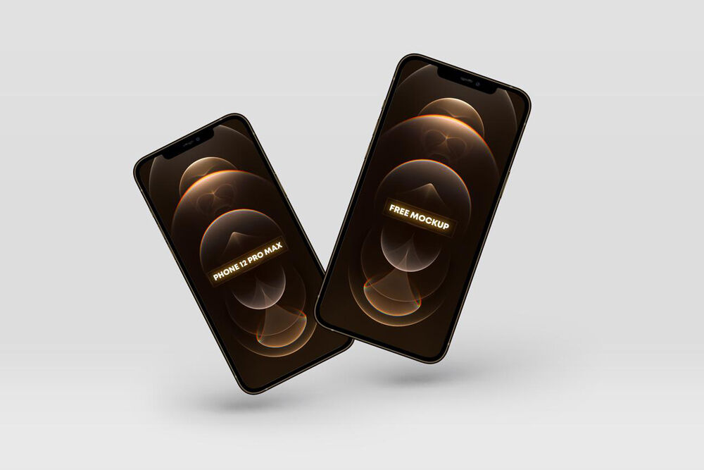 Front View of 2 Floating iPhone 12 Pro Max Gold Mockup