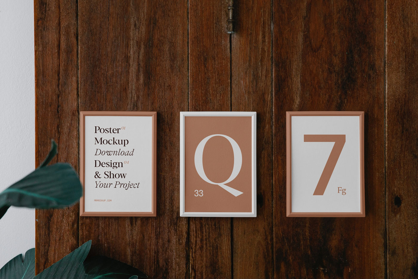 Front View of 3 Minimal Posters Mockup on Wood Wall FREE PSD