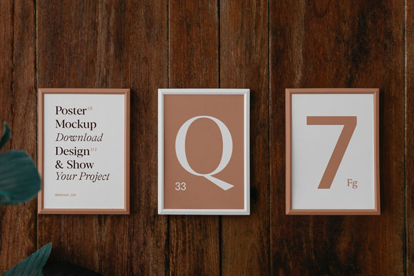 Front View of 3 Minimal Posters Mockup on Wood Wall