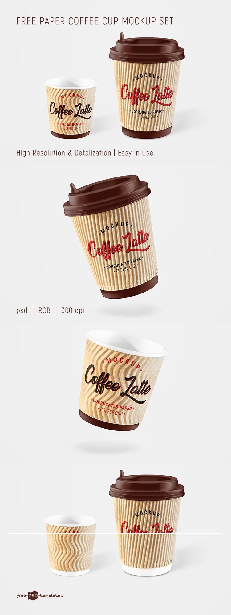 Front View of 3 Paper Coffee Cup Mockups FREE PSD