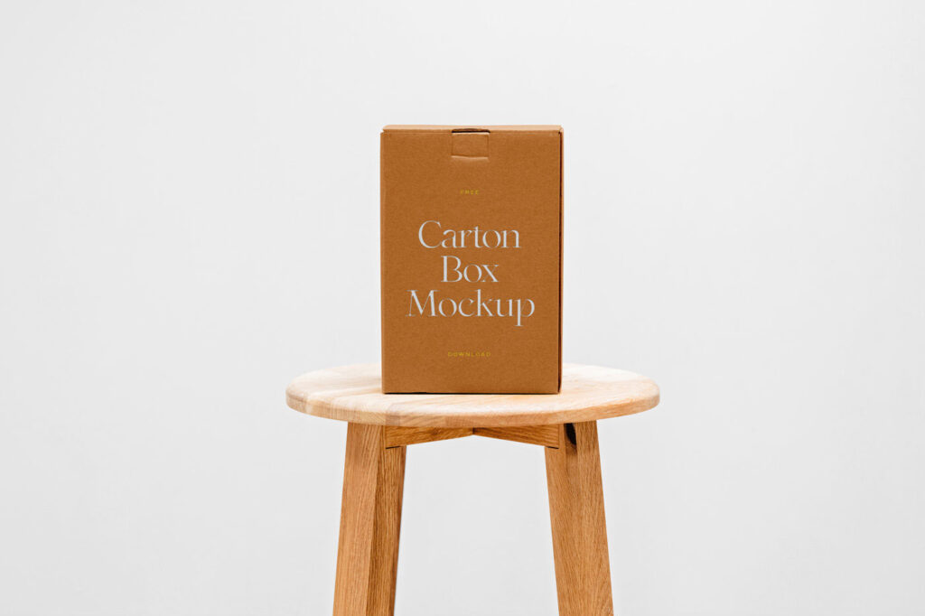 Front View of a Cardboard Box Mockup on a Wooden Chair