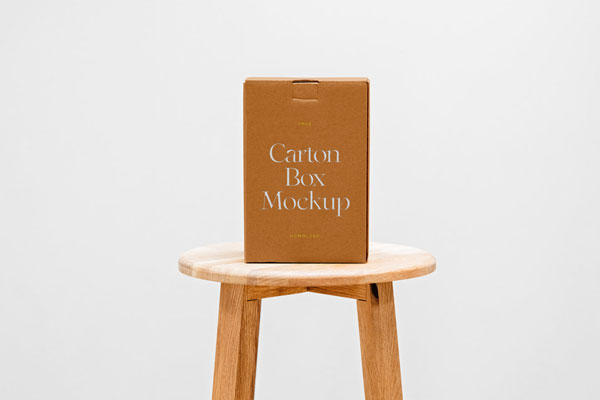 Front View of a Cardboard Box Mockup on a Wooden Chair