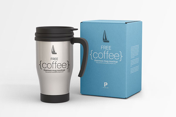 Front View of a Coffee Thermos Mug and Packaging Mockup