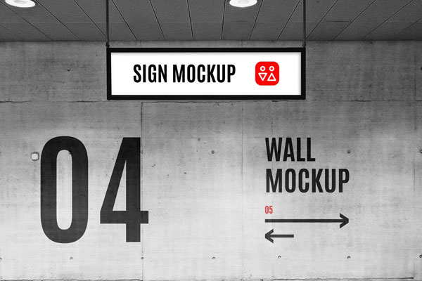 Front View of a Concrete Wall Mockup and a Hanging Sign Mockup