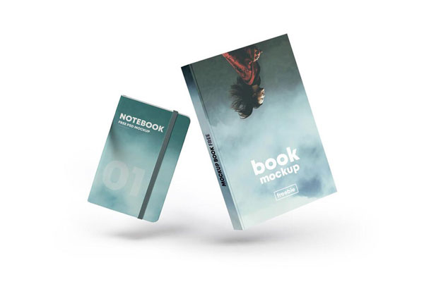 Front View of a Floating Book Cover with a Notebook Mockup