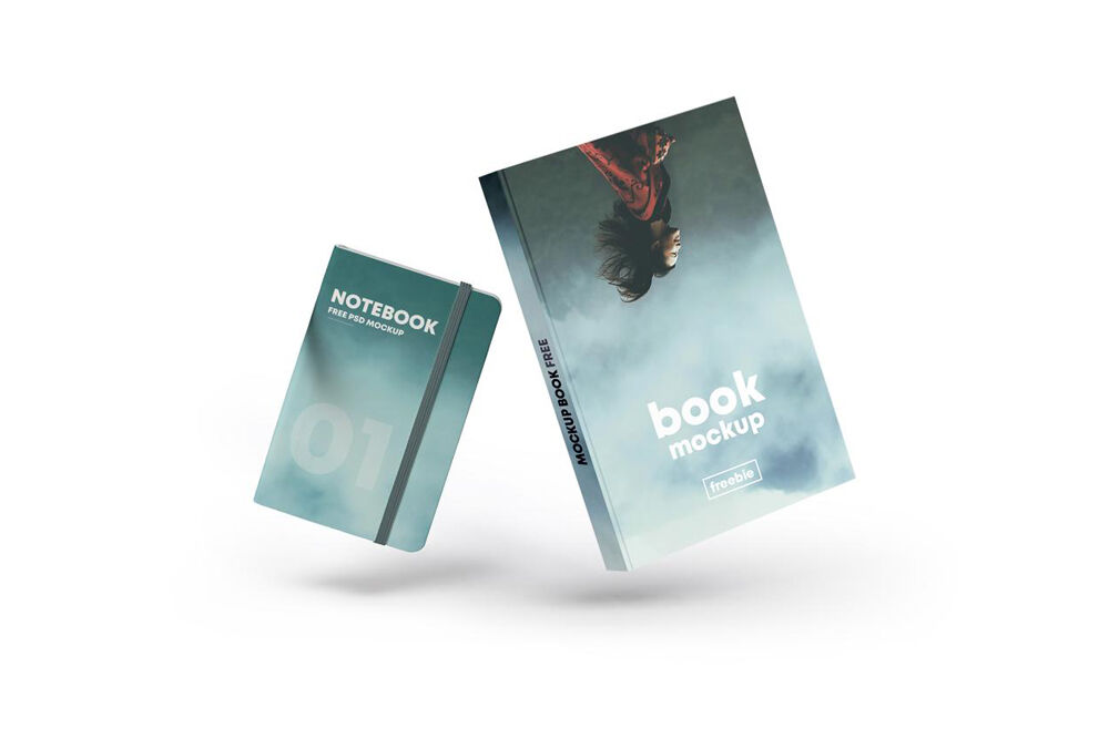 Front View of a Floating Book Cover with a Notebook Mockup