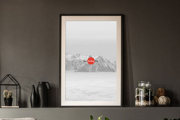 Front View of a Framed Poster in a Room Mockup