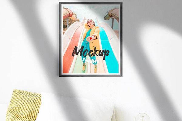 Front View of a Framed Poster in Room Mockup