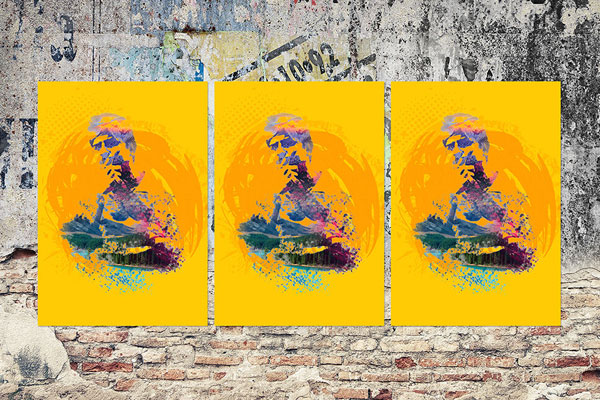 Front View of a Grunge Poster Mockup on a Brick Wall