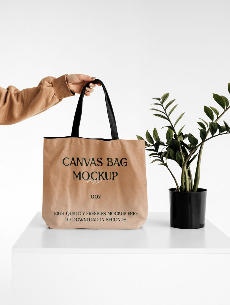 Front View of a Hand Holding Canvas Bag Mockup