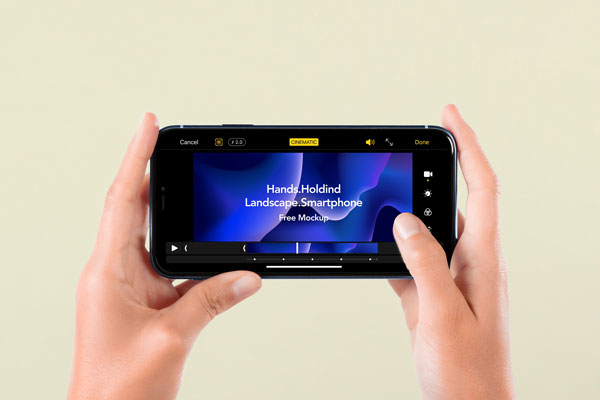 Front View of a Hand-Holding Landscape Smartphone Screen Mockup