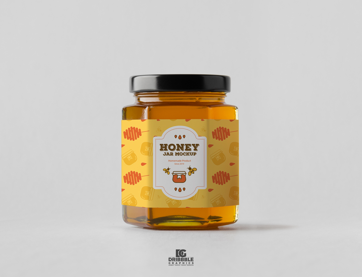 Front View of a Hexagonal Honey Jar Mockup with a Simple Black Lid FREE PSD