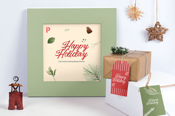 Front View of a Holiday Greeting Card and Label Tags Mockup