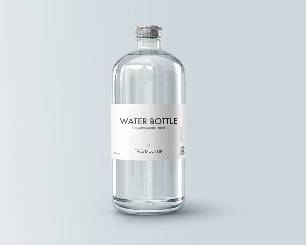 Front View of a Metallic Cap Clear Water Glass Bottle Mockup