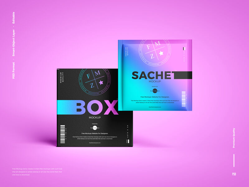 Front View of a Sachet With Packaging Box Mockup