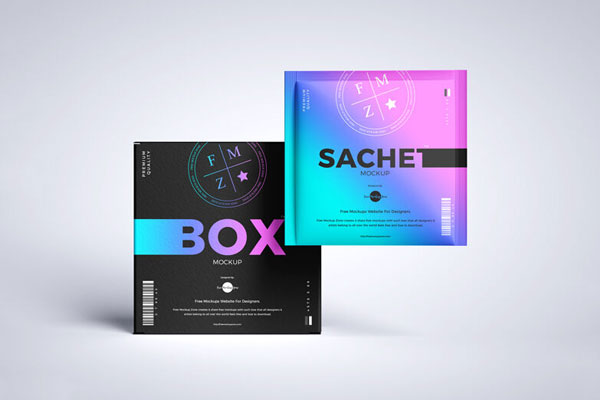Front View of a Sachet With Packaging Box Mockup