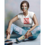 Front View of a T-Shirt on a Sitting Girl Mockup