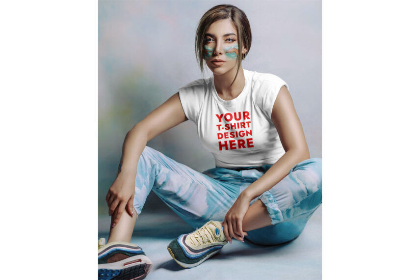 Front View of a T-Shirt on a Sitting Girl Mockup