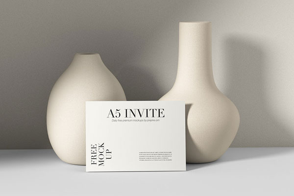Front View of A5 Invitation Card Mockup on 2 Vases