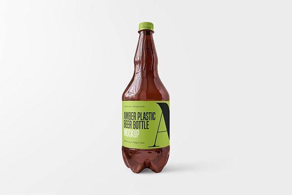 Front View of Amber Plastic Beer Bottle Mockup