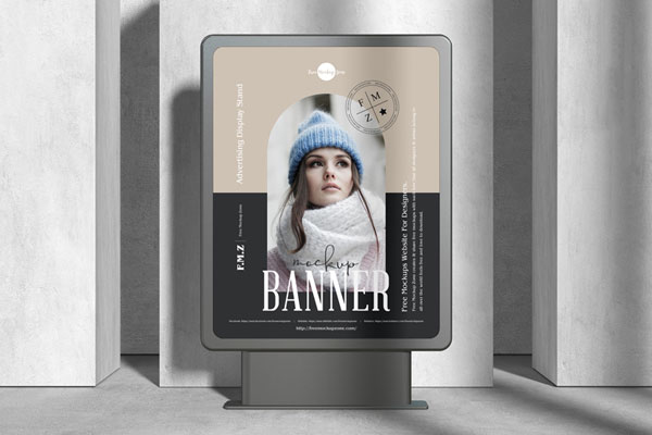 Front View of an Interior Advertising Display Stand Banner Mockup