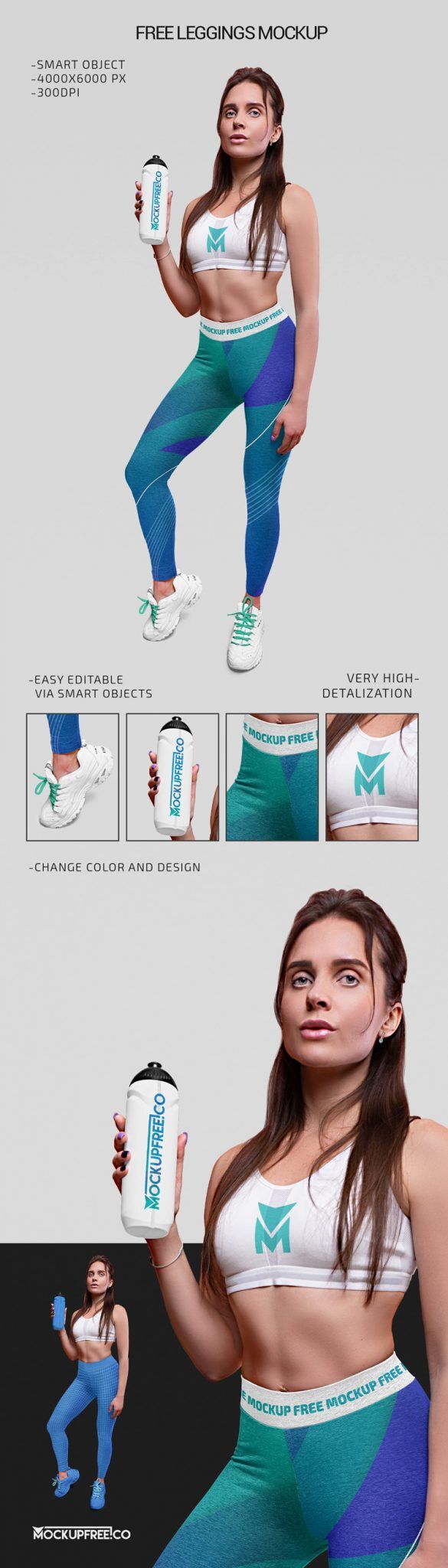 Front View of Athletic Woman Wearing Sportswear with a Bottle Mockup FREE PSD